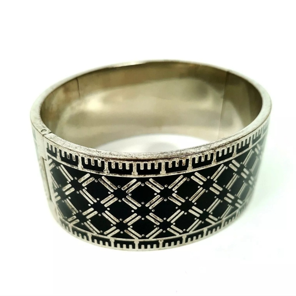 Halcyon Days Harlequin Wide Hinged Bangle Cuff Bracelet Palladium Black Enamel